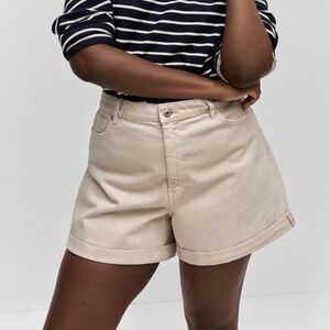 Mango Mom Shorts High Rise Beige Cotton Cuffed Casual Summer Size 14‎ Sand